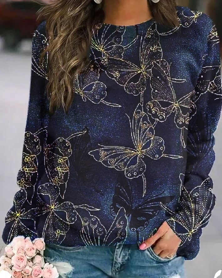 Women's 3D Printed Loose Round Neck Fashion Sweater