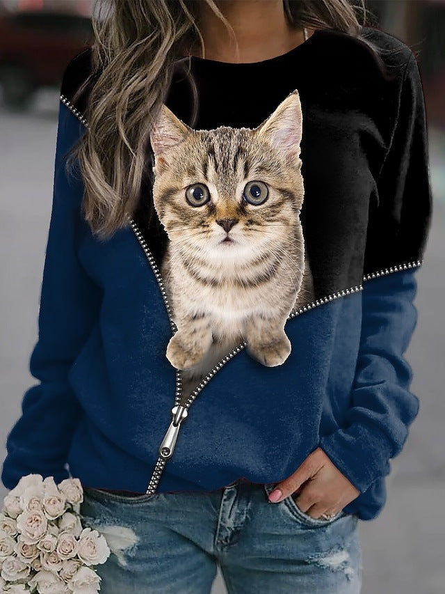 Women's 3D Printed Loose Round Neck Fashion Sweater