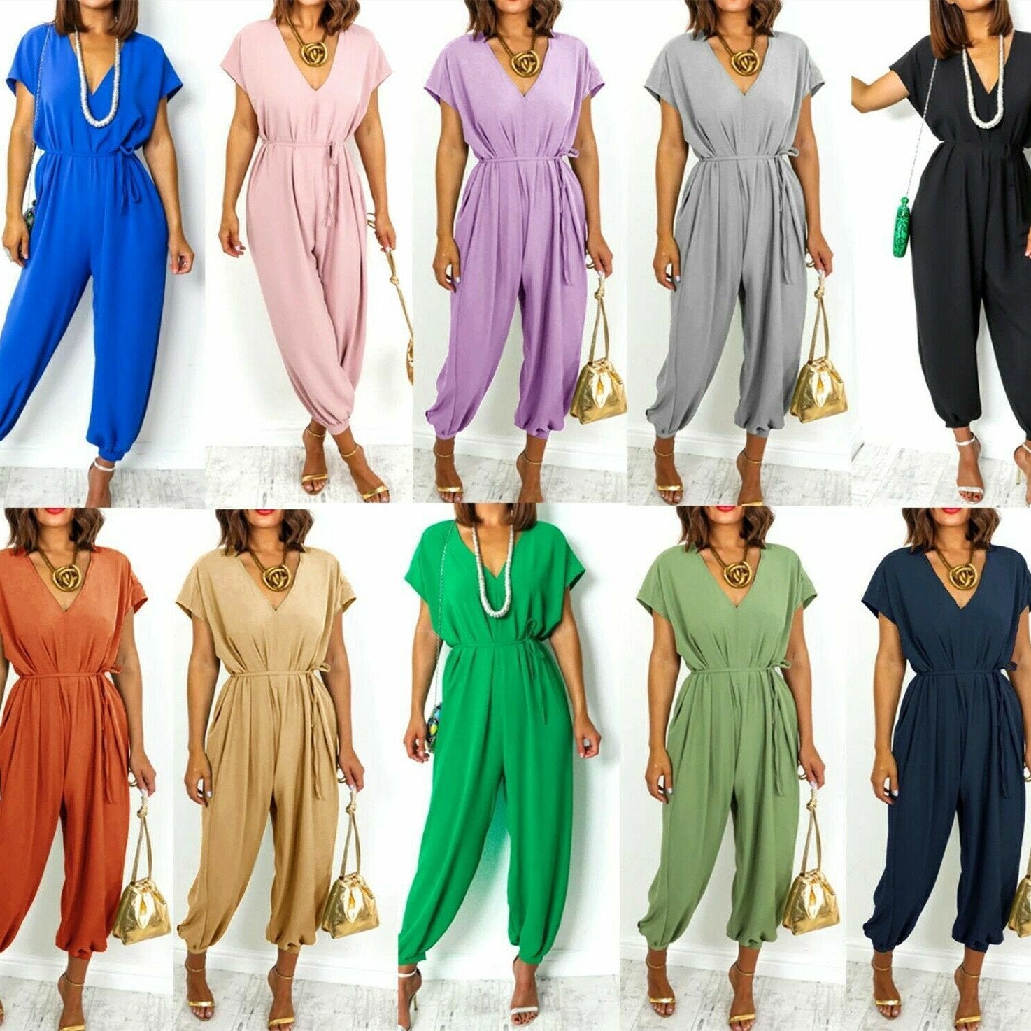 Women's V-neck Harem Pants Wide Leg Loose Fit