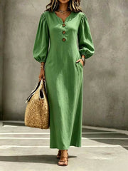 V-Neck Button Puff Sleeve Casual Long Dress