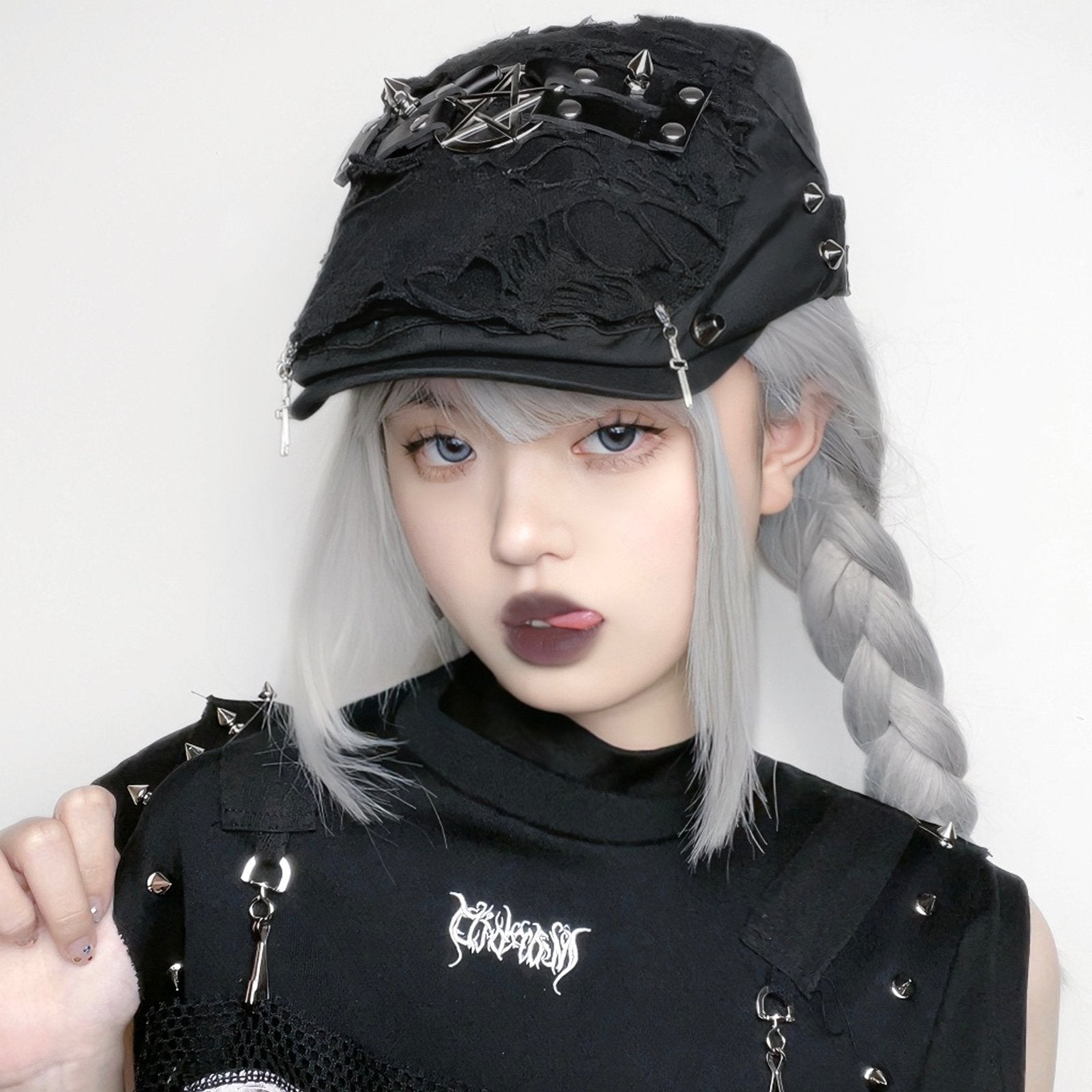 Punk Beret for Women, Adjustable Black Cotton Beret with Ripped Design