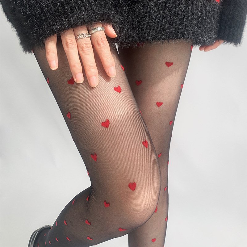 Ultra-Thin Red Love Stockings with Black Silk Polka Dots