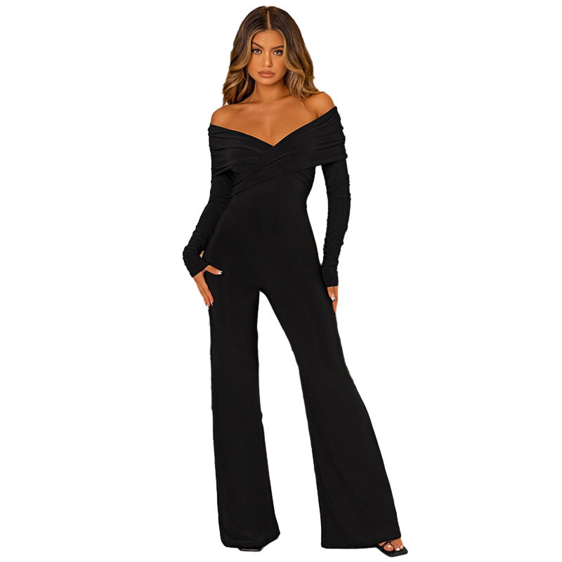 Women's V-Neck Cross Long Sleeve Solid Jumpsuit