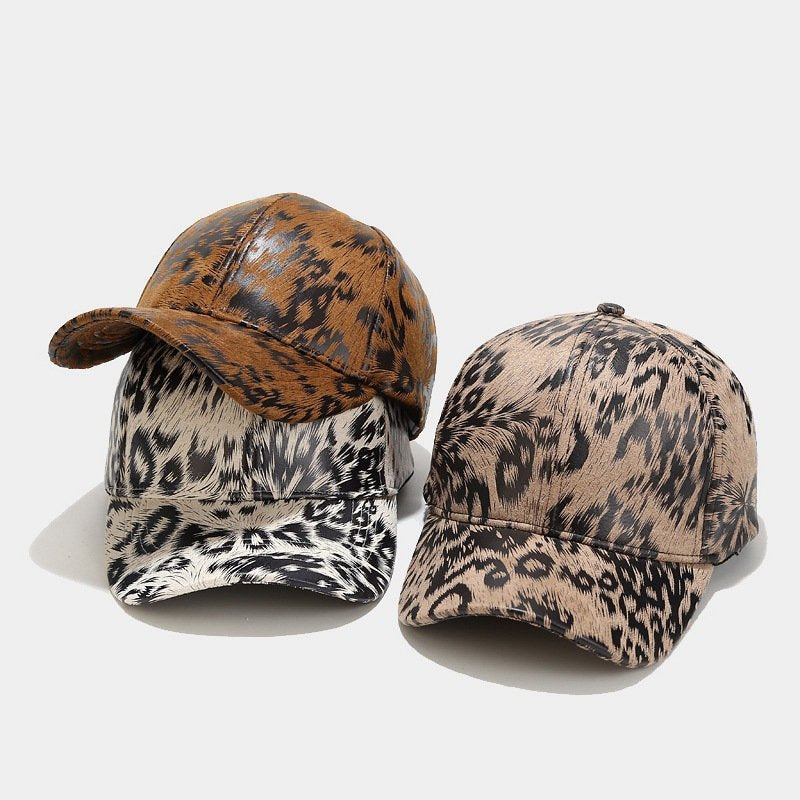 Leopard Print Leather Baseball Cap