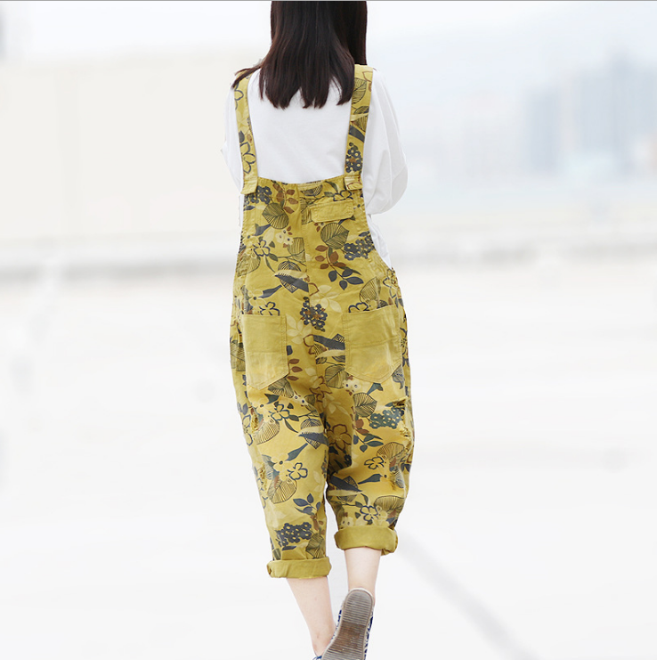 Casual Loose Floral Print Cotton Overalls for Women