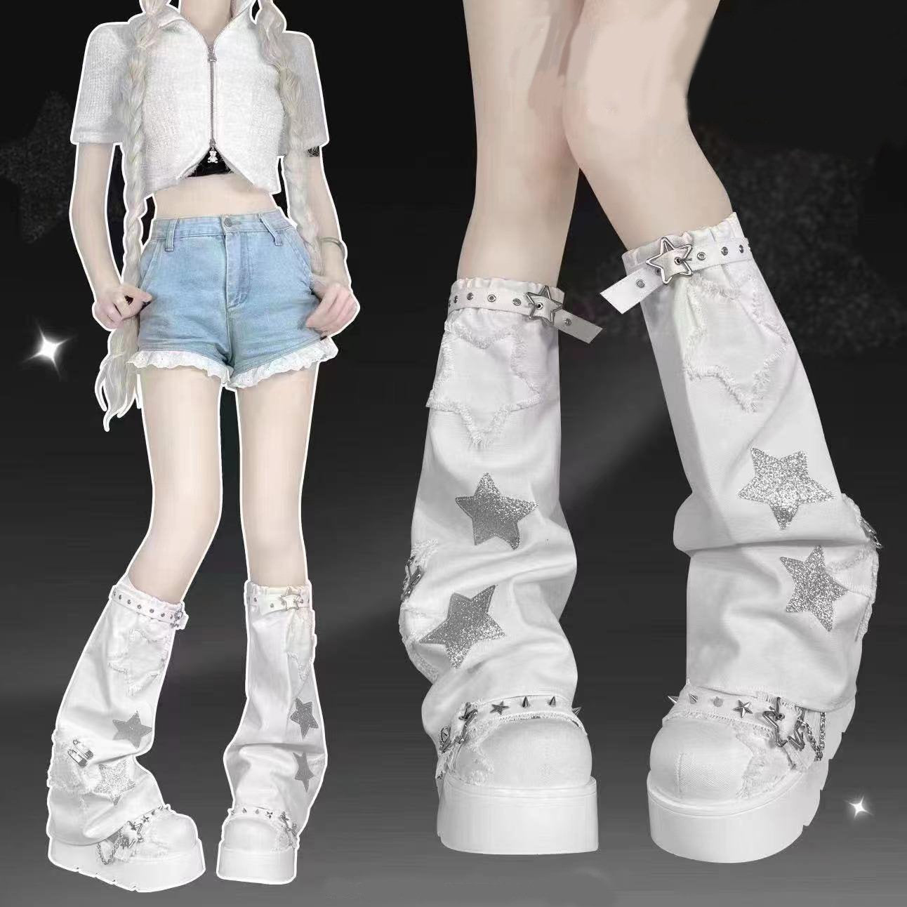 Embroidered Pentagram Socks for Women - Mid-Calf Length, Thin Denim Style