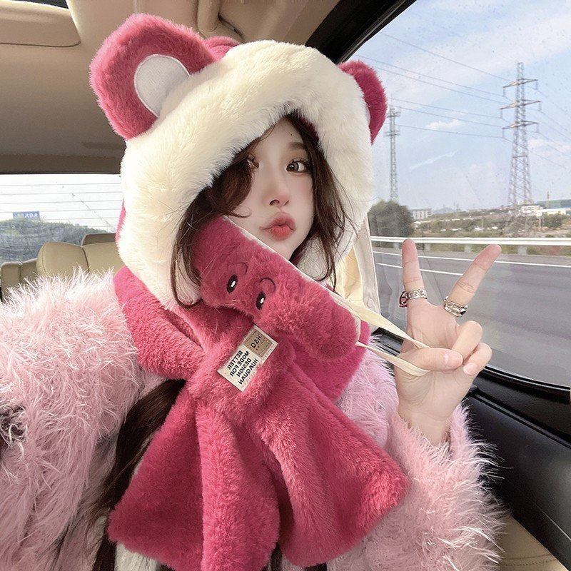 Winter Warm Bear Earmuffs Hat Scarf Set for Women