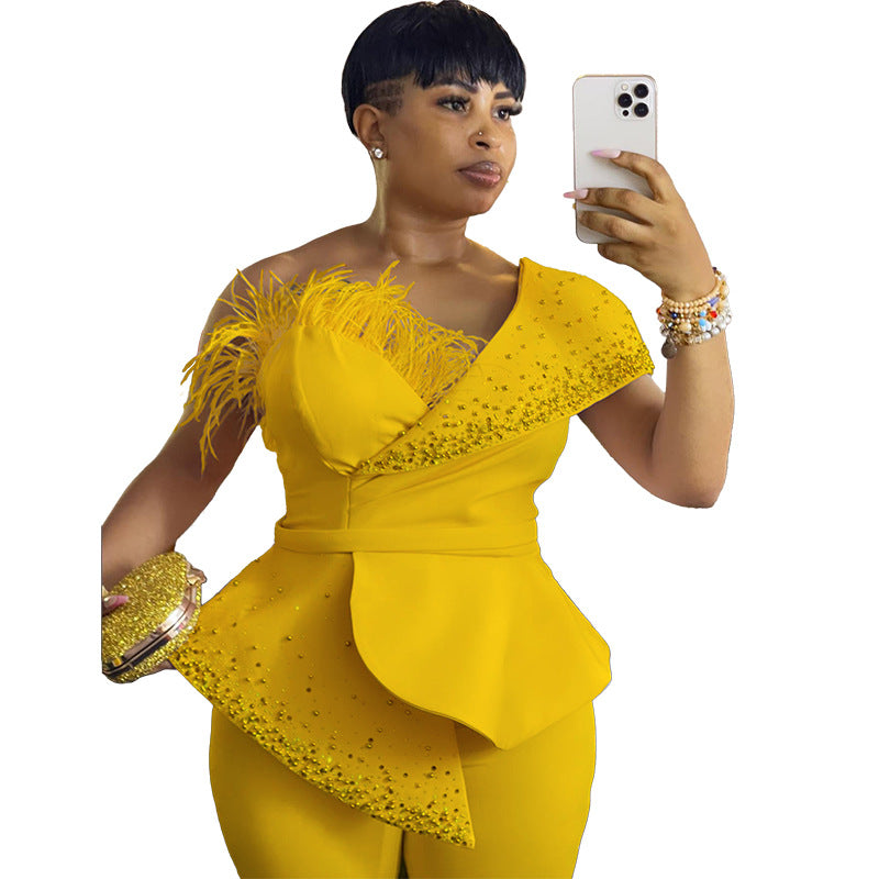 Feather Off-Shoulder High Waist Casual Jumpsuit