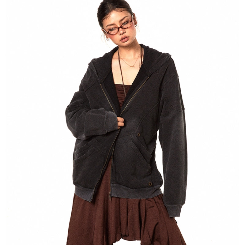 American Retro Washed Distressed Hooded Solid Color Hoodie