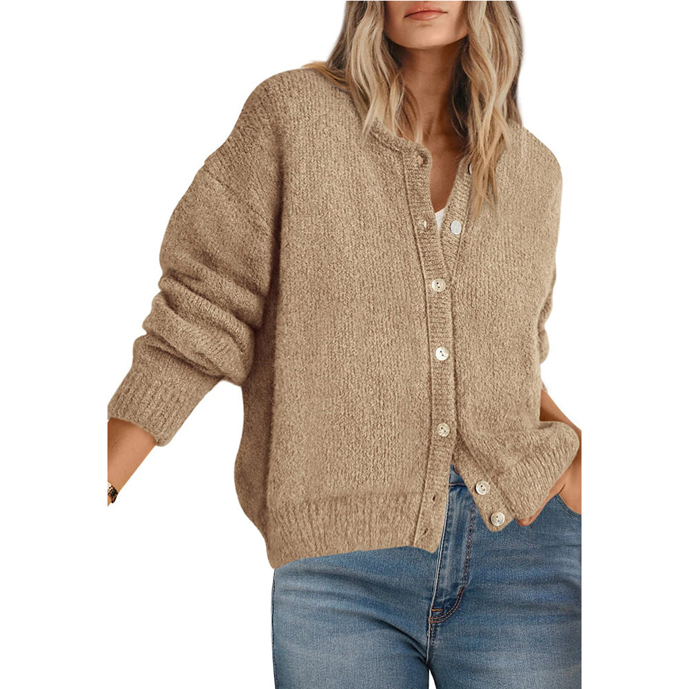 Loose Fit Round Neck Solid-color Long-sleeve Knit Cardigan