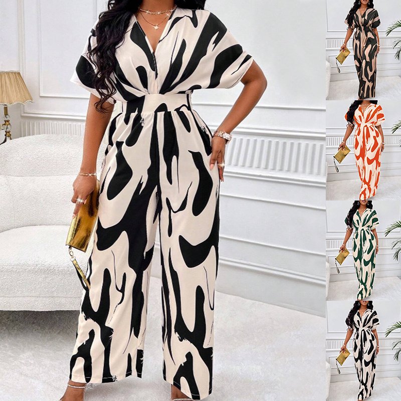 Black White Loose V-Neck Jumpsuit