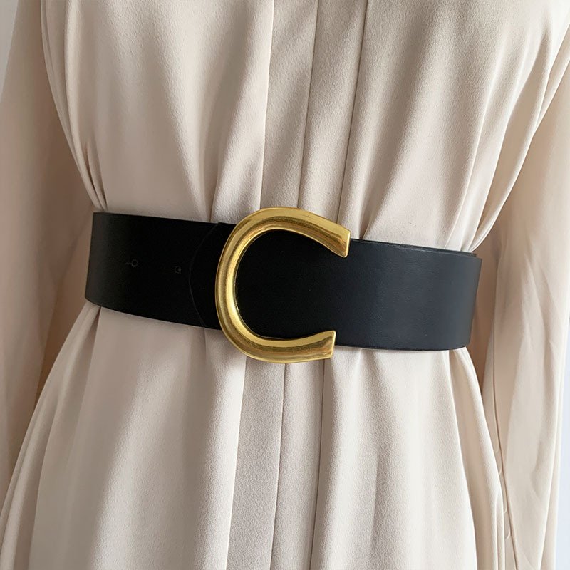 Stylish Wide Black PU Leather Belt for Women