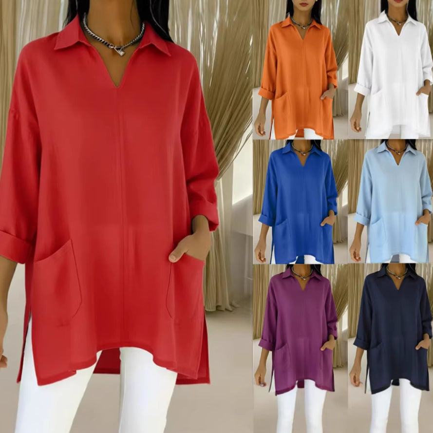 Womens Fashion Solid-color Pocket Shirt With A Loose-fitting Collar
