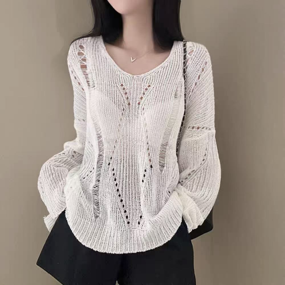 Hollow-out Ice Silk Thin Long Sleeve Mid-length V-neck Sweater