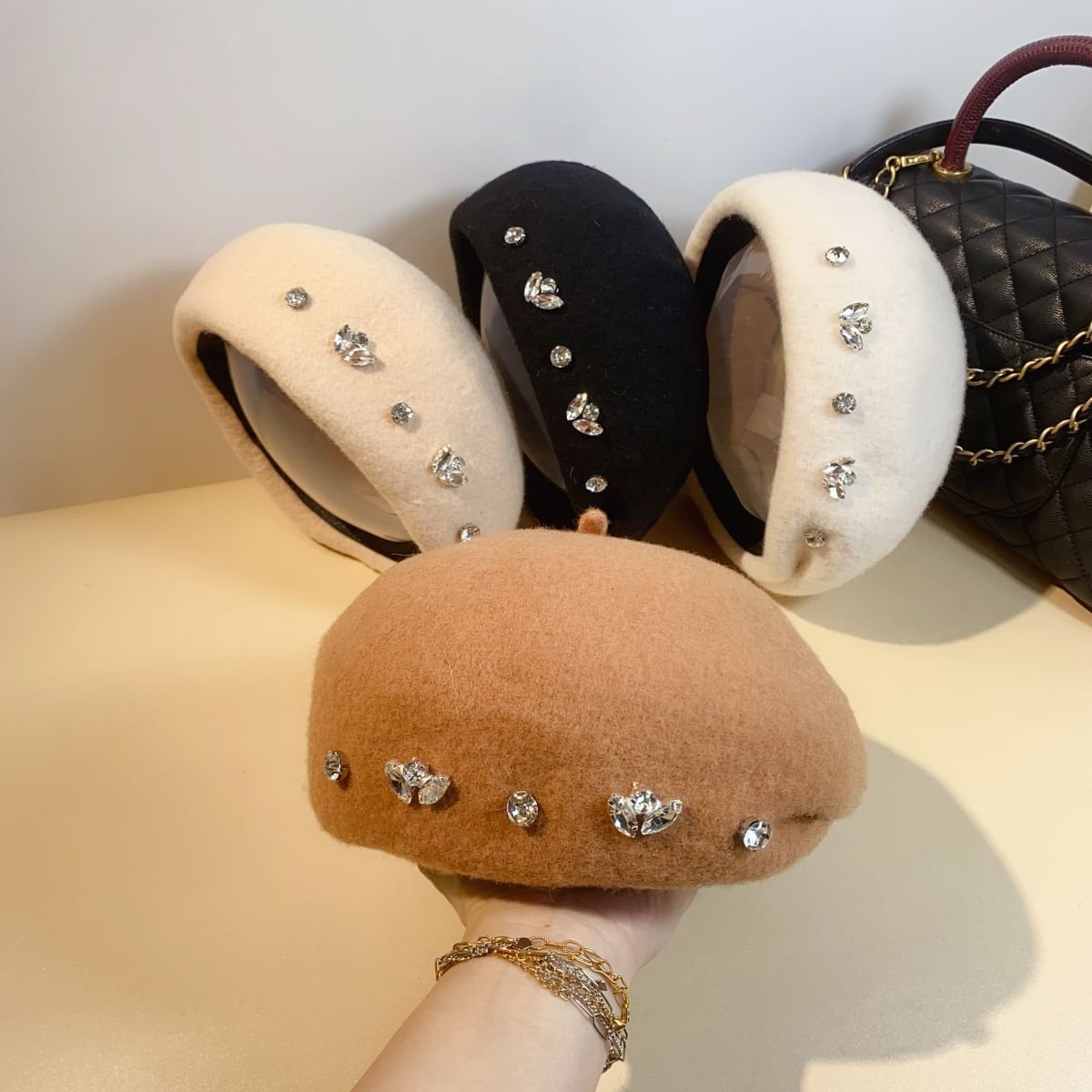 Autumn Winter Rhinestone Wool Beret for Women