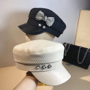 Navy Rhinestone Flat Top Hat for Women