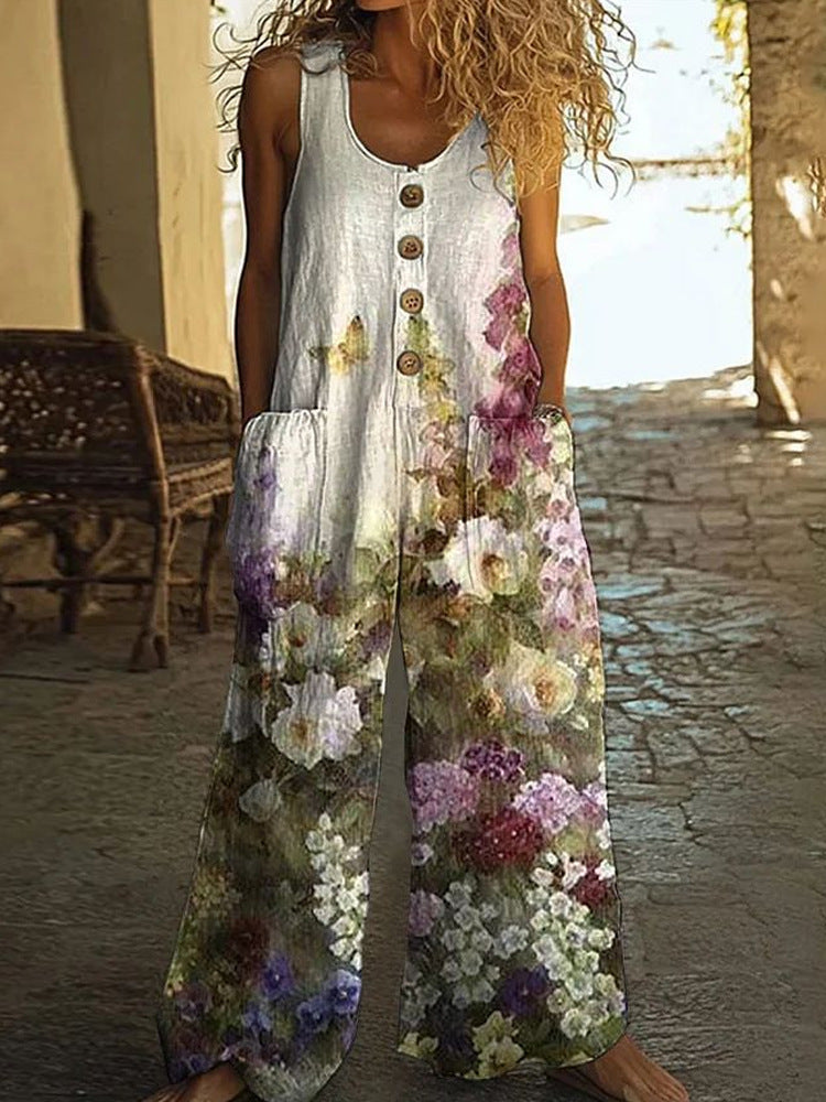 Women's Floral Sleeveless Pocket Jumpsuit