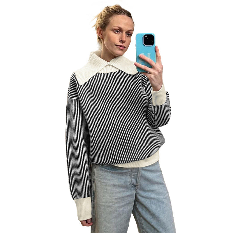 Casual Retro Striped Half-neck Sweater for Women