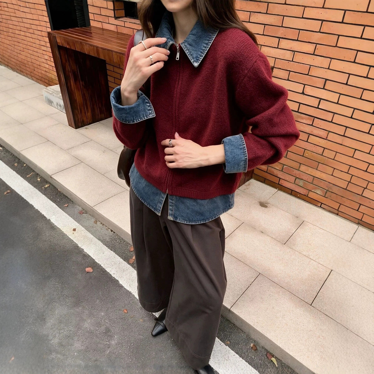 Notch-collar Denim Patchwork Womens Loose Casual Long-sleeve Sweater Coat