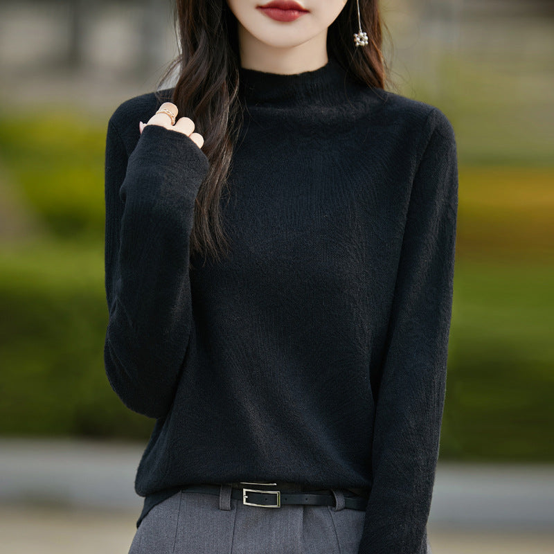 Fine-woven Wool Mock-neck Long-sleeve Knit Shirt