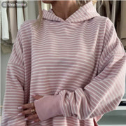 Off-Shoulder Striped Loose Hoodie with Thumb Holes