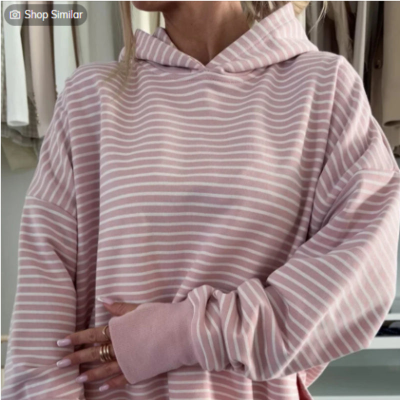 Off-Shoulder Striped Loose Hoodie with Thumb Holes