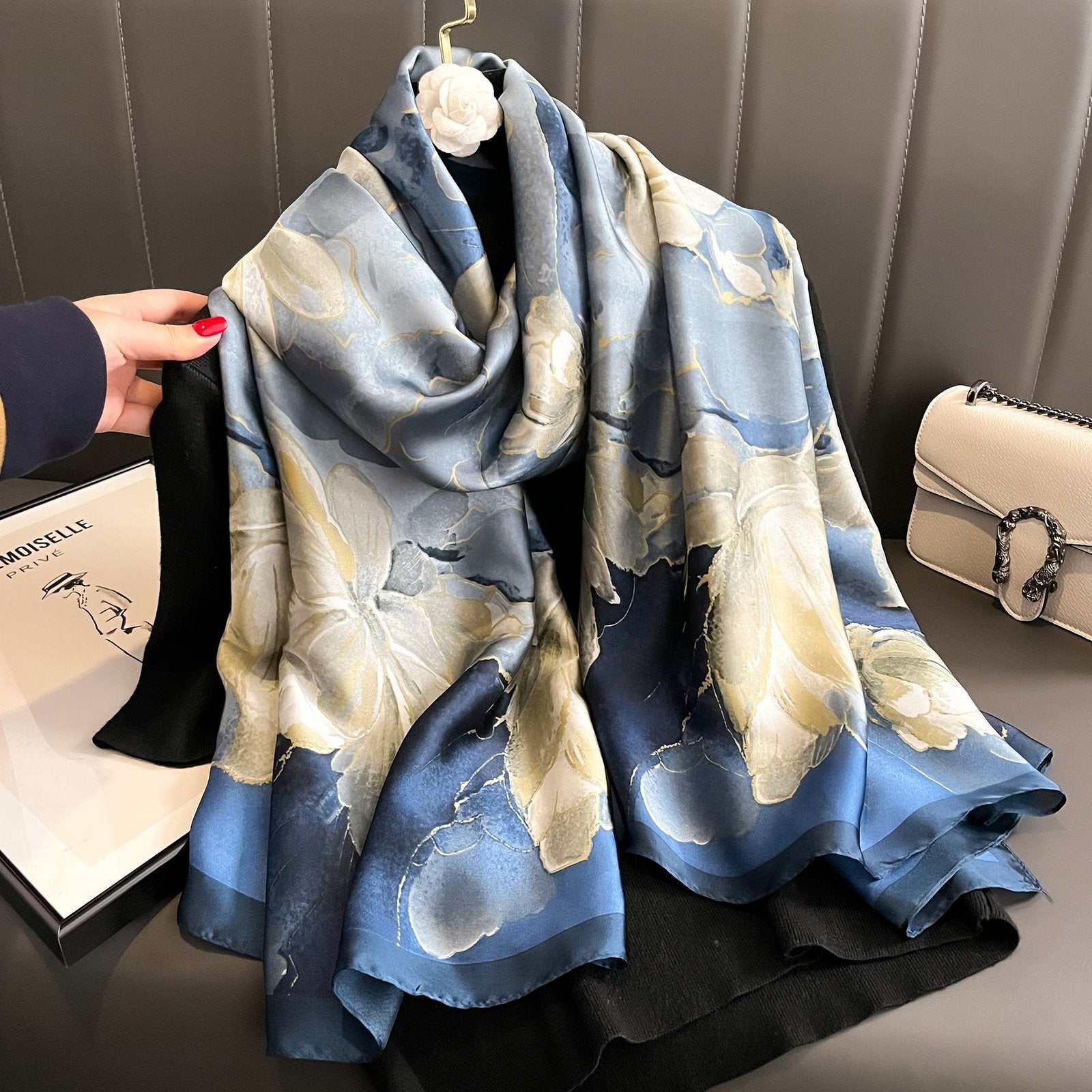 Bright Butterfly Silk Scarf, Orange and Blue Printed Square Shawl for Women