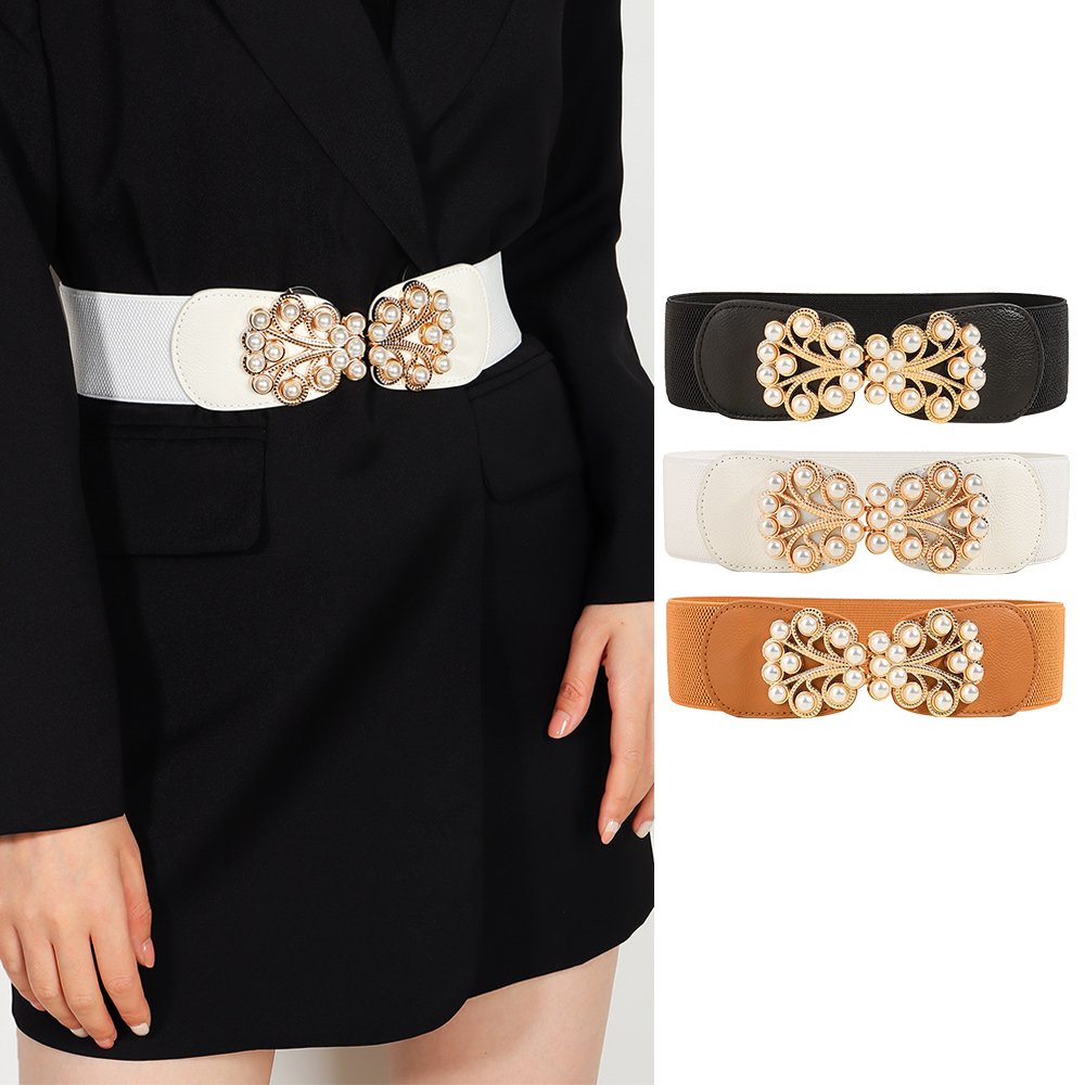 Multi-Colored Elastic Belt with Pearl Metal Buckle
