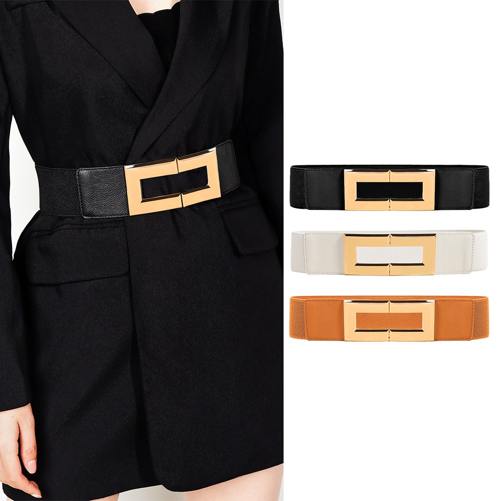 Elastic Wide Belt with Metal Buckle for Women
