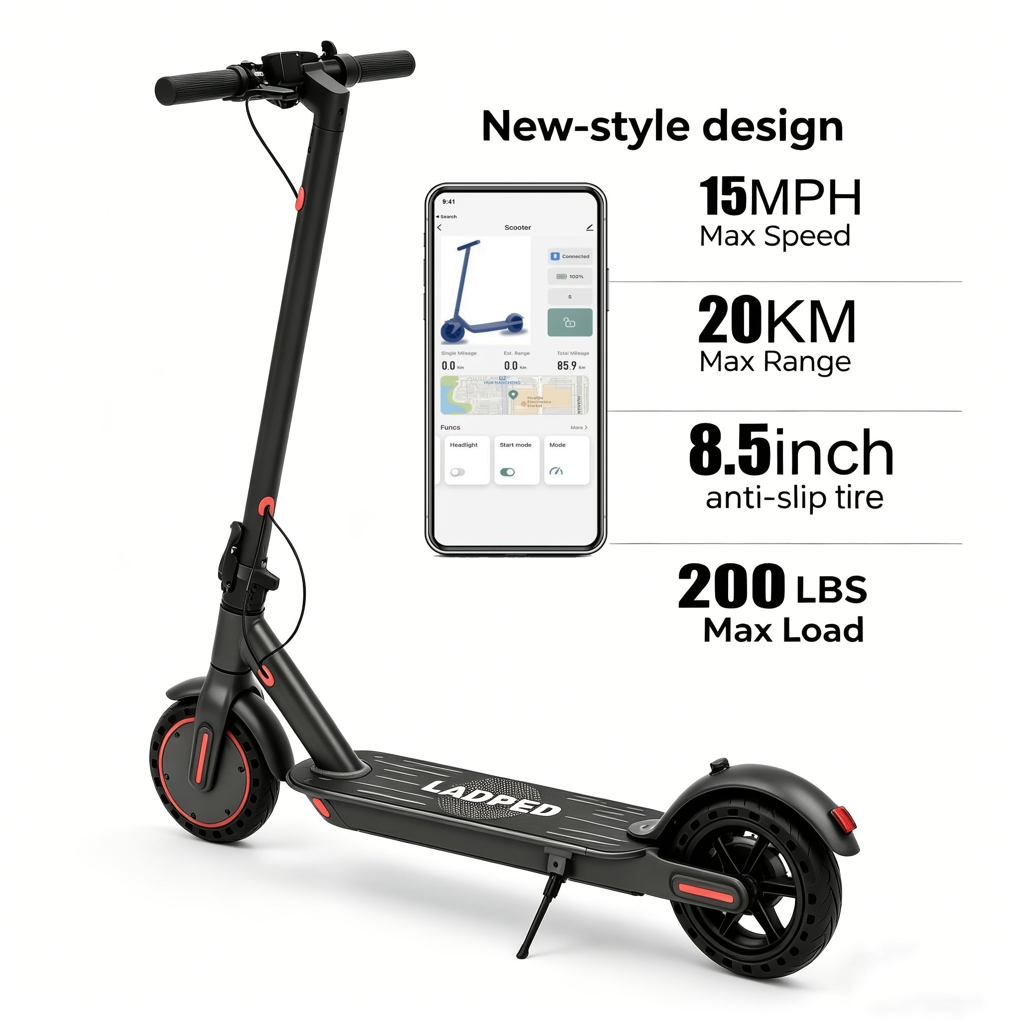 Smart App Controlled Foldable Adult E‑Scooter, 350W Motor, Long Range, 8.5" Anti‑Slip Solid Tires, LCD Dashboard, 3 Speed Settings, Dual Brakes, LED Front & Rear Lights, Aluminum Alloy Frame, 265 lb Weight Capacity