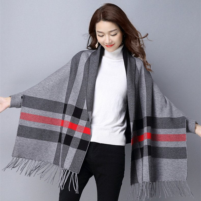 Plaid Knit Inverness Sweater with Tassel Detail