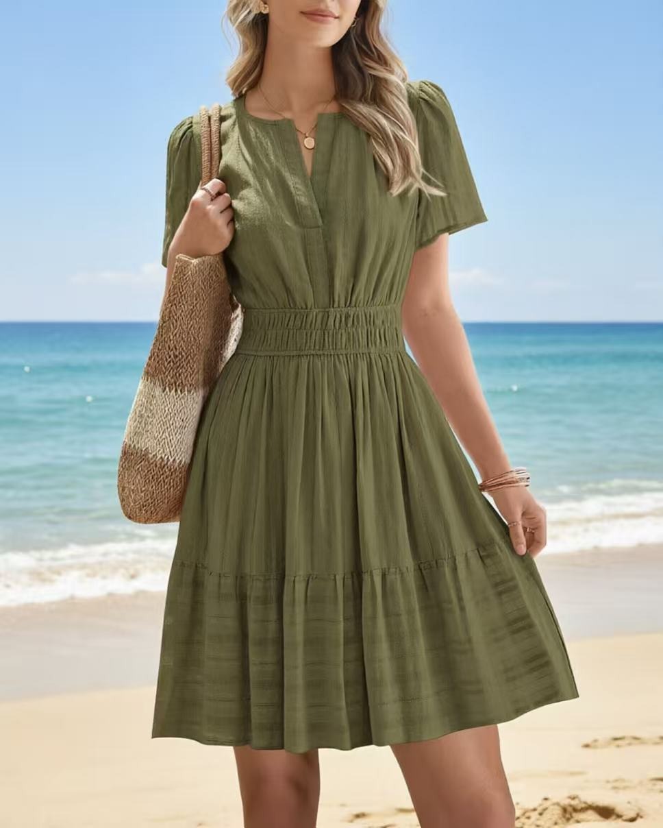 2026 Hot Sale Spring Summer Women's Solid Color V Neck Ruched Puff Sleeve Short Dress