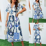 Womens Short-sleeve Geometric-print High-waist Long Dress