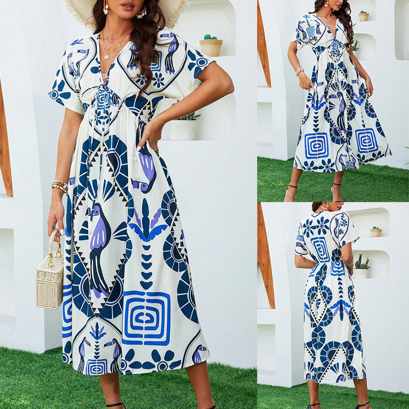 Womens Short-sleeve Geometric-print High-waist Long Dress