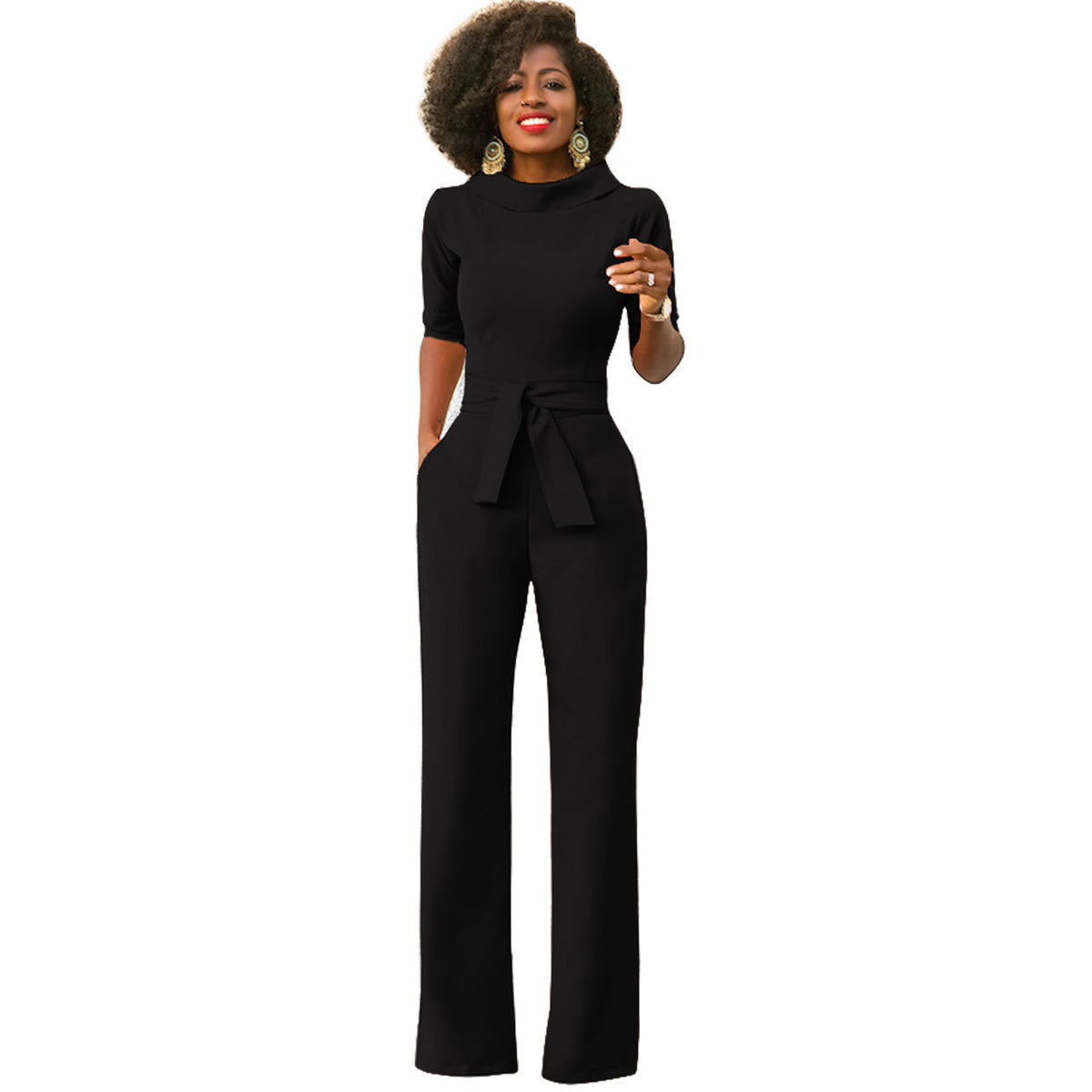 Women's Solid Color Five Quarter Sleeve High Waist Wide Leg Jumpsuit