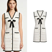 Bow-tie Contrast-color Hollow-out Sleeveless V-neck Dress for Women