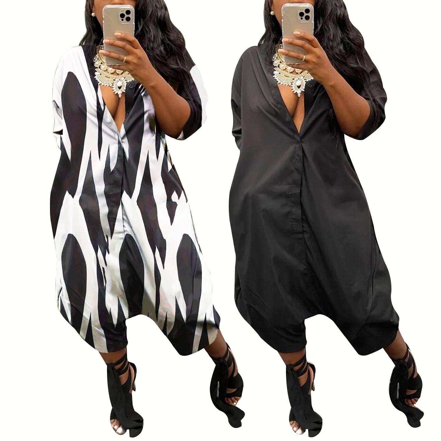 Womens Loose Wide-leg Casual Jumpsuit With A Cardigan-style Top