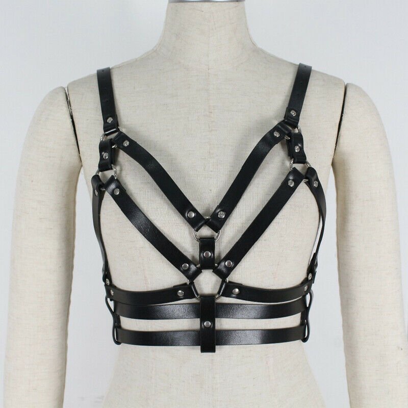 Women's PU Leather Body Chain Bra Set