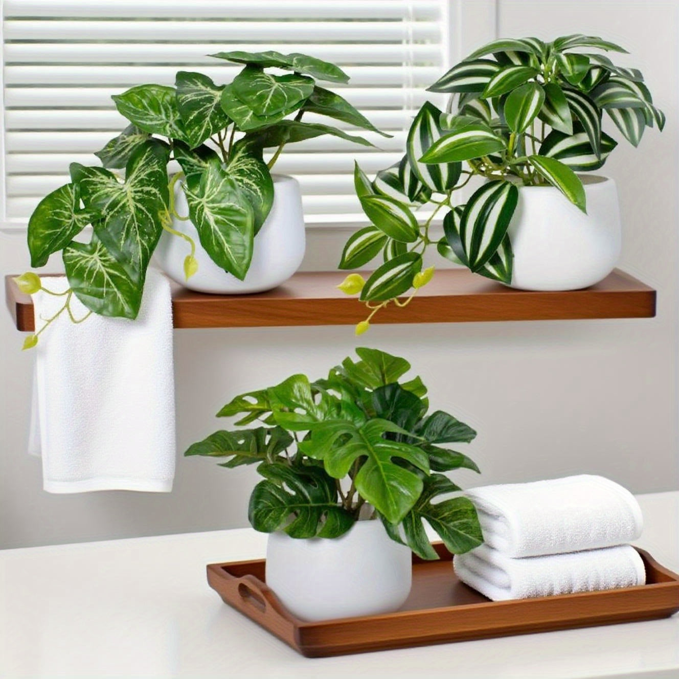 Set of 3 artificial green potted plants for home and office decor