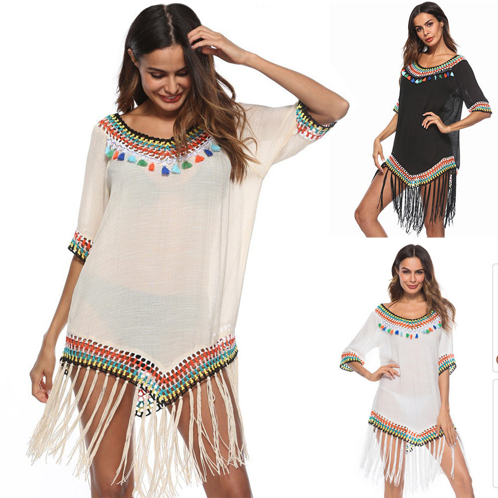 Rainbow Tassel V-Neck Beach Blouse – Lightweight, Breezy Swimwear