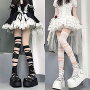 Black and White Tube Silk Cross Strap Stockings for Women