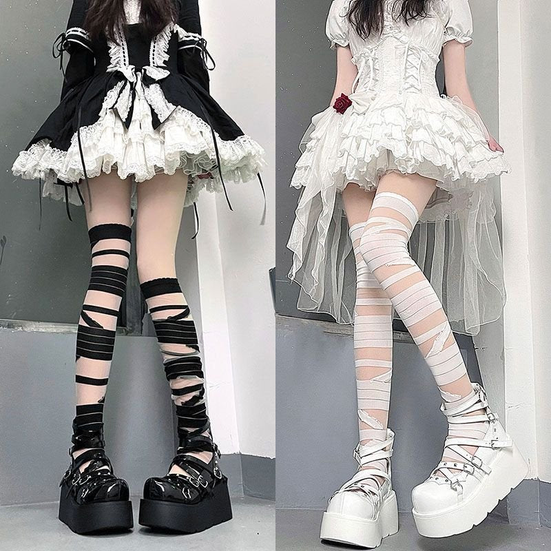 Black and White Tube Silk Cross Strap Stockings for Women