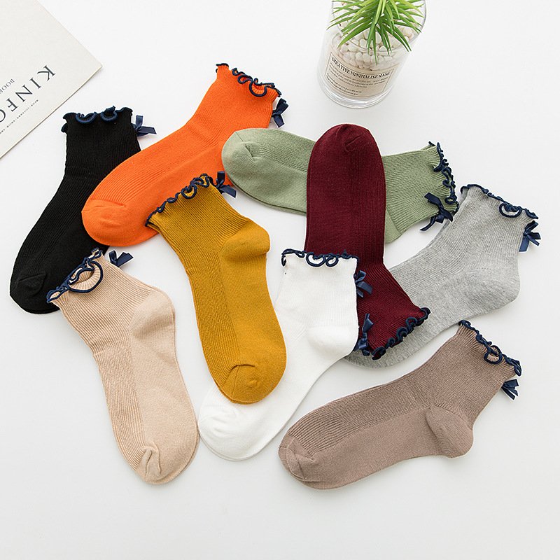 Striped Bow Socks for Women - Mid Tube Stockings with Wooden Ear Details