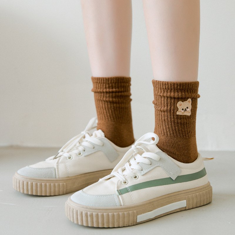 Cute Bear Embroidery Tube Socks for Women