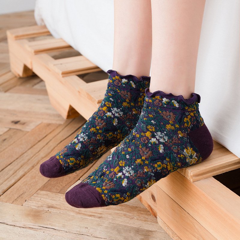 Purple Floral Socks for Women, Breathable Cotton Summer Footwear