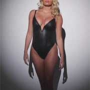 Black Deep V-neck Leather Jumpsuit for Women