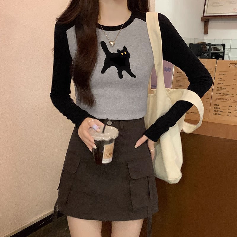 Women's Printed Color-Block Long-Sleeve Slim Top
