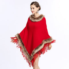 Elegant Faux Fox Fur Collar Knitting Cape Coat