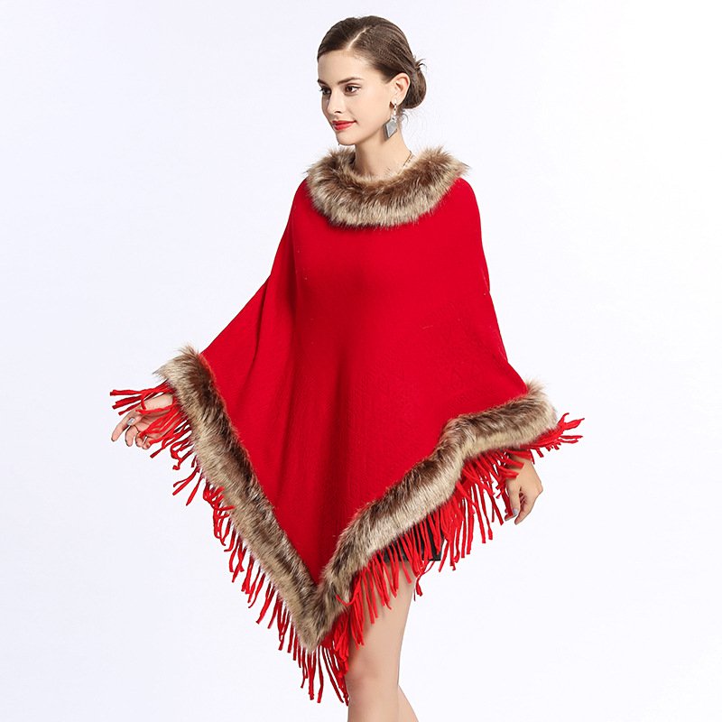 Elegant Faux Fox Fur Collar Knitting Cape Coat