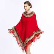 Elegant Faux Fox Fur Collar Knitting Cape Coat